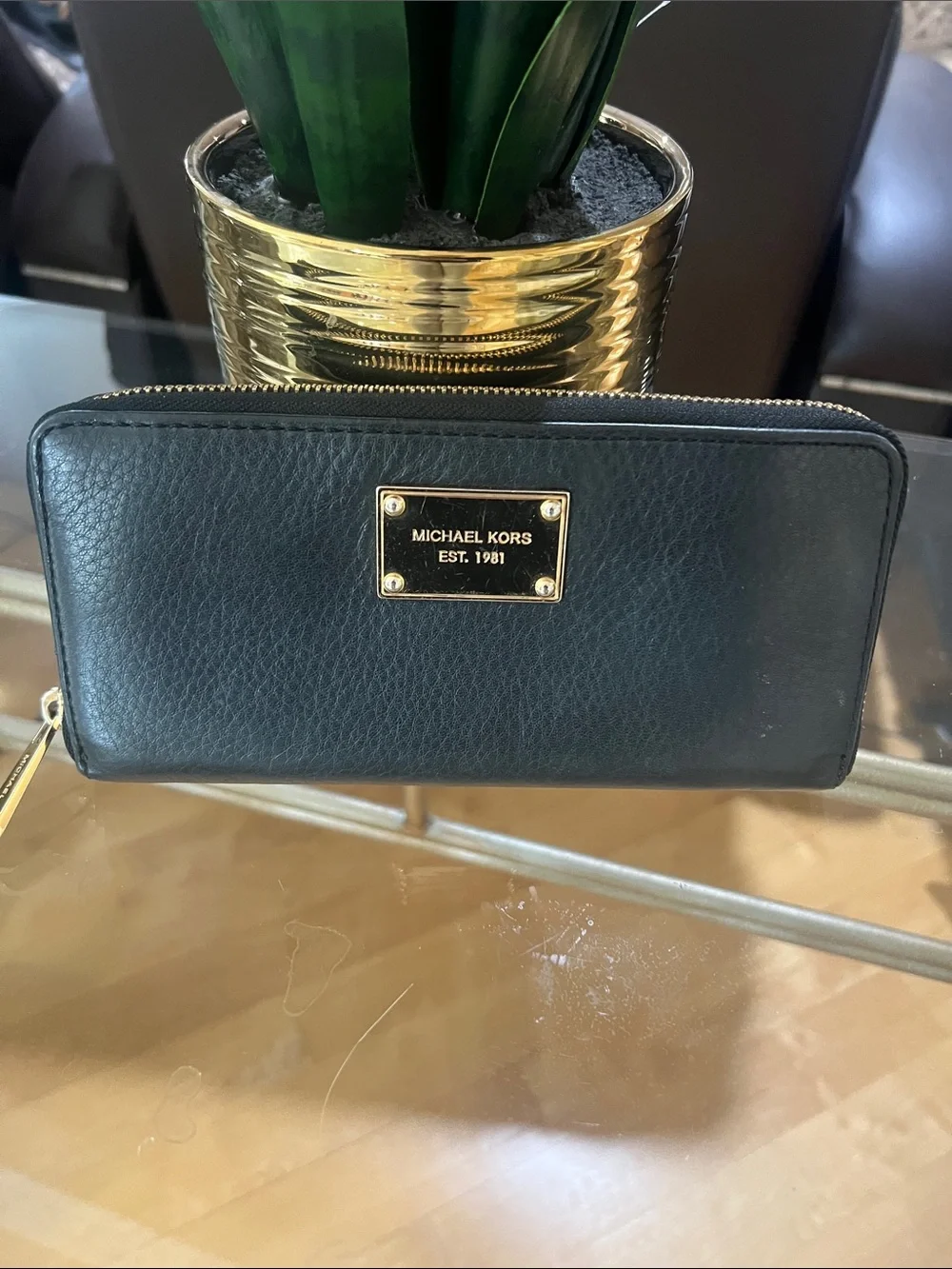 Michael Kors Black Leather Zip Wallet with Gold Plaque